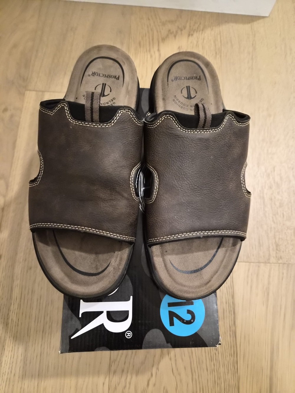 Prospector Men’s Dark Brown Slide Sandals with Contrast Stitching - Size 12